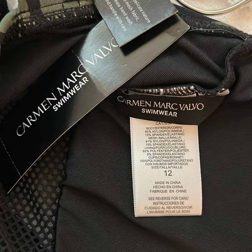 NWT Carmen Marc Valvo one piece swimsuit. Black w/green palms, mesh, size 12.